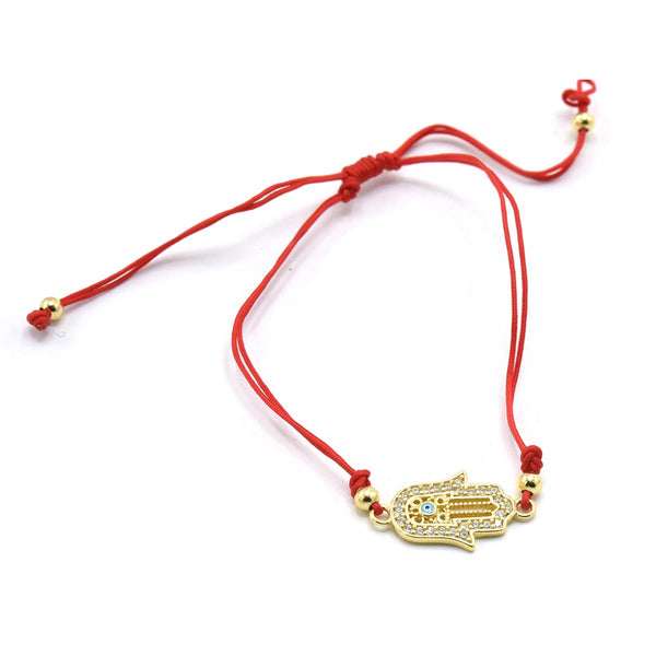 STBB-42, Sterling Silver Hamsa Hand and Evil eyes Red String bracelet-Gold or Silver color