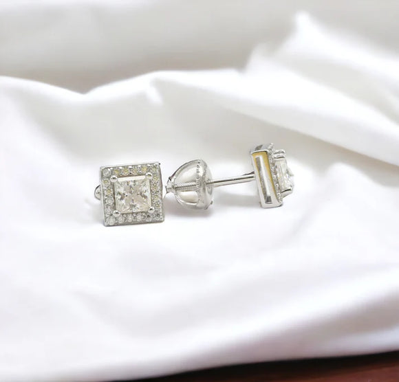 Moissanite Stone Sterling Silver Unisex 7mm Square Screw Back Stud Earrings-gold or silver color, MEM 32