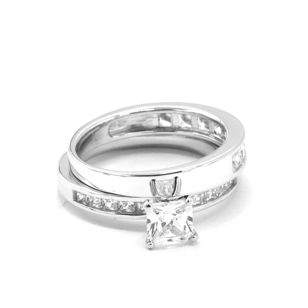 STRW 235, Women S925 Sterling Silver Square Cuban Zirconium Engagement Ring Set-2 piece