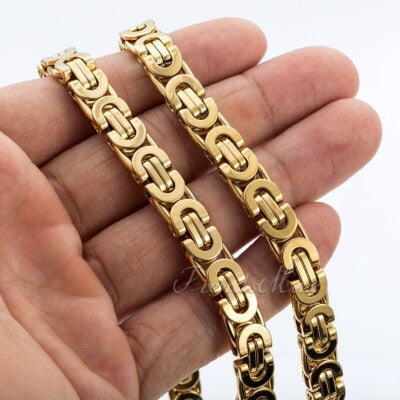 Stainless Steel Hit Hop Byzantine Chain 24'' with Bracelet 8.5'' Set-gold, silver, Silver Gold or Silver Black Color-SSM-32