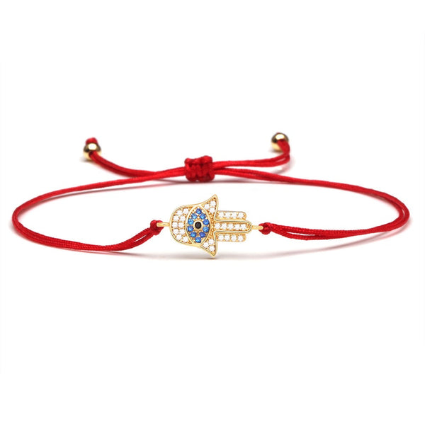 STBB-03, Sterling Silver Hamsa Hand and Evil Eyes Red String bracelet-Gold or silver color