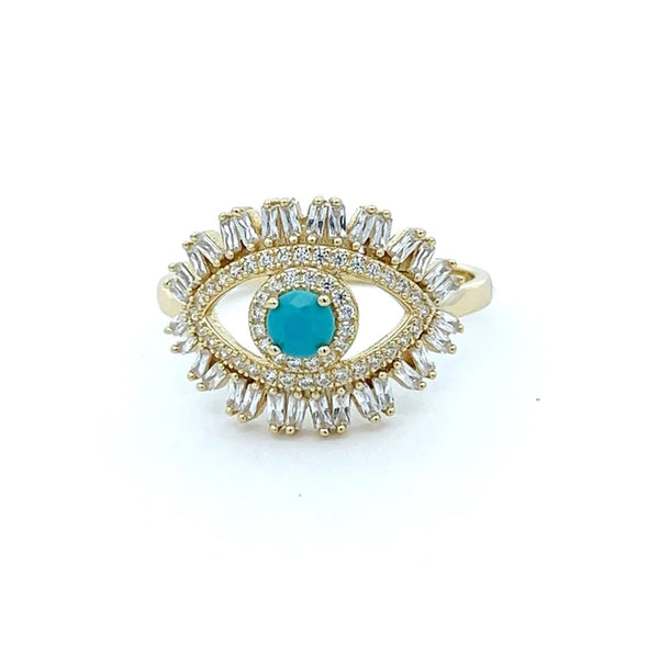 STRW 999, Women S925 Sterling Silver Emerald Cut and Cuban Zirconium Evil Eye Ring