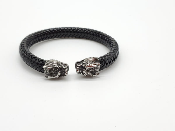 LBM-387,Stainless Steel Lion Head Leather Bangle-Gold or silver color, Width-8mm,Length-55mm