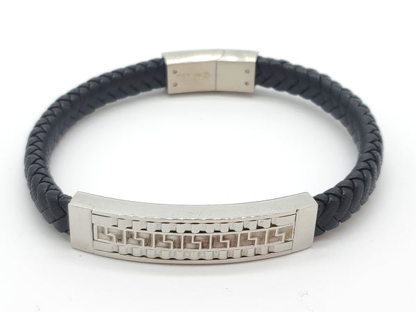 LBM-02,Stainless Steel Greek Key Leather Bracelet- silver color, Width-10mm, Length-8 inch
