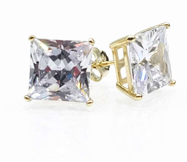 STEM-SQ- Sterling Silver Stud Earrings Push Back- 10mm Width Square Gold or Silver White