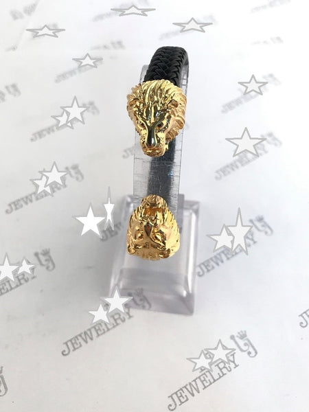LBM-384, Stainless Steel Lion Head Leather Bangle- gold or silver color, 10mm width,