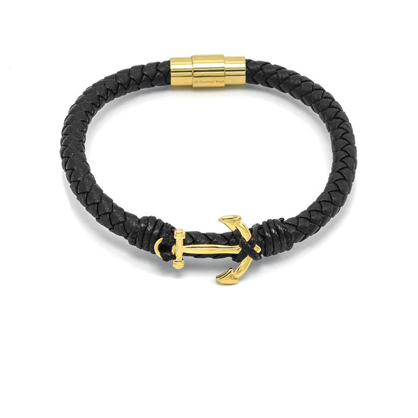 LBM-480,Stainless Steel Anchor Megnetic Leather Bracelet-gold or silver color, Width-6mm,Length-8''