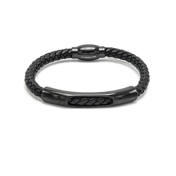 LBM-488, Stainless Steel Magnet Link Leather Bracelet-Black color