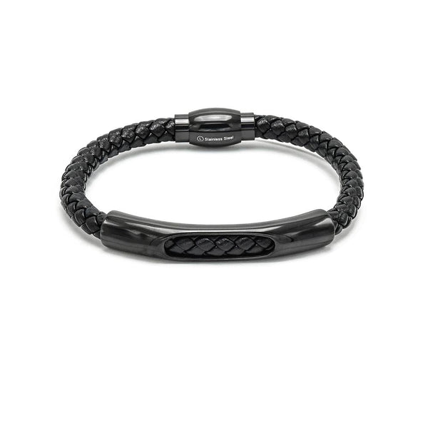 LBM-488, Stainless Steel Magnet Link Leather Bracelet-Black color
