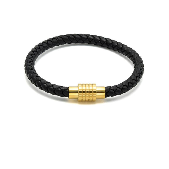 LBM-489, Stainless Steel Magnet Link Leather Bracelet-gold or silver color