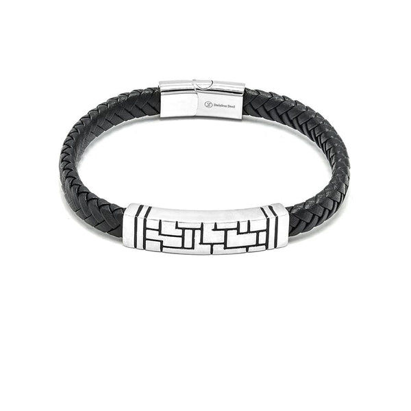 LBM-498,Stainless Steel Leather Bracelet- silver black color, Width-7mm,Length-8''