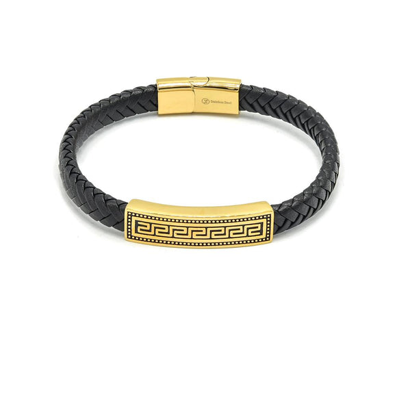LBM-504,Stainless Steel Greek Key Leather Bracelet-gold color, Width-8mm,Length-8''