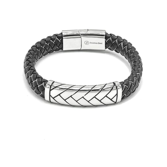 LBM-508,Stainless Steel Leather Bracelet-Brown or Black color, Width-11mm,Length-8.5''