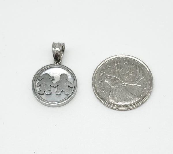SP-674, Stainless Steel Small "Boy and Girl" Pendant - Silver Color