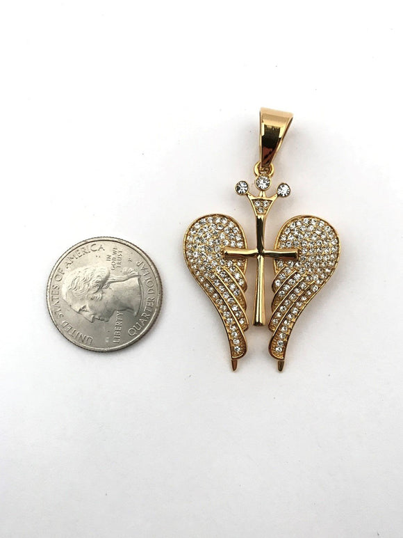 SP-767, Stainless Steel Angle Wing With Cross Pendant- gold or silver, 33mm width, 55mm high, 3mm thick