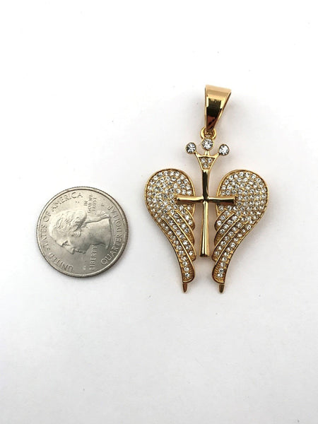 SP-767, Stainless Steel Angle Wing With Cross Pendant- gold or silver, 33mm width, 55mm high, 3mm thick