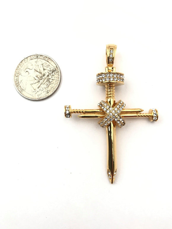 SP-780, Stainless Steel Nail Cross Pendant-gold or silver color, 45mm width, 65mm high, 13mm thick