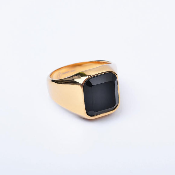 SRM-126, Stainless Steel Black Stone Fashion Ring-gold or silver color,15mm X 13mm Width, 5mm thick