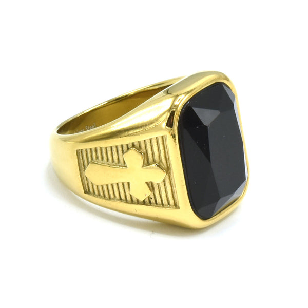 SRM-249, Stainless Steel Cross Ring -Green or Black Stone-20mm X 15mm Width, 7mm thick