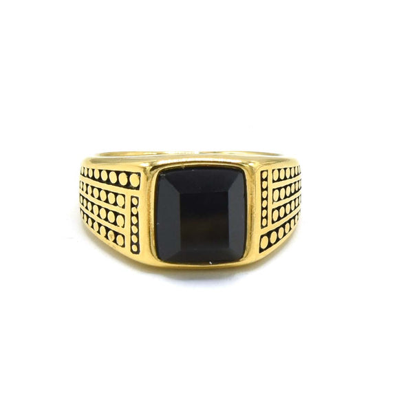 SRM-293, Stainless Steel Black Stone Fashion Ring-gold or silver color, 10mm X 12mm Width, 5mm Thick