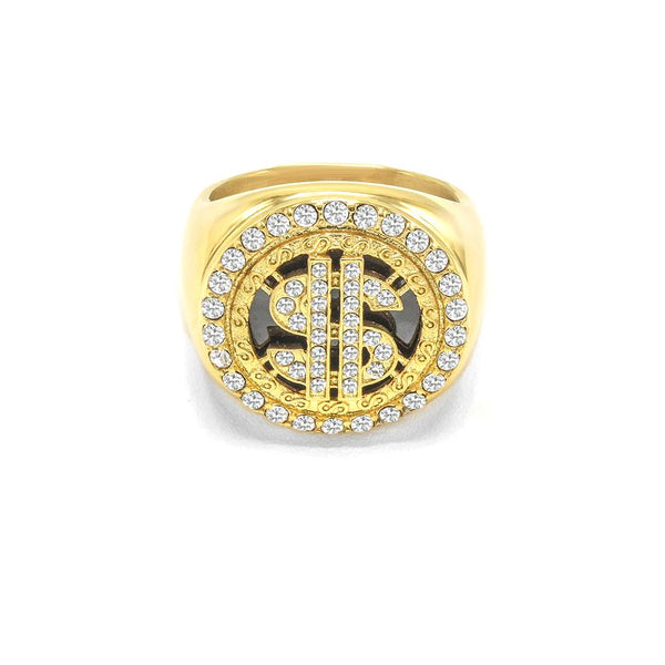 SRM-355, Stainless Steel Hit Hop Dollar Sign Ring-Gold or Silver color, 21mm round,  5mm Thick