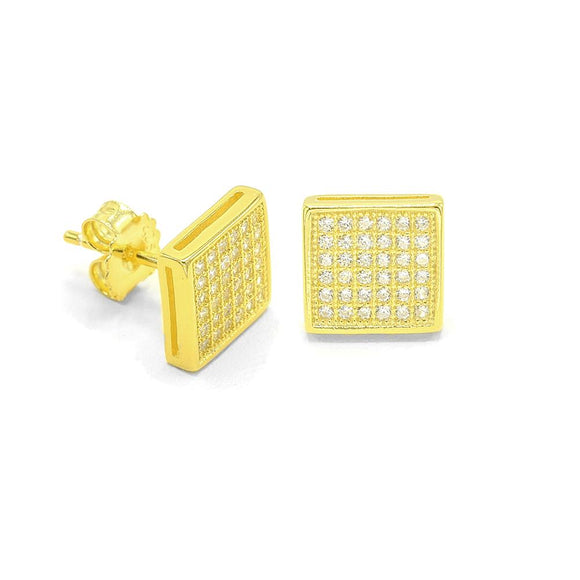 STEM-06, Men 925 Sterling Silver Push Back Stud Earrings-9mm Square Gold or Silver Color