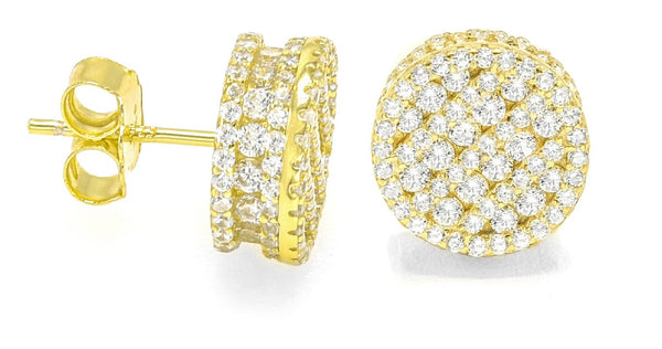 STEM-209, Men 925 Sterling Silver Push Back Icy Stud Earrings-11mm Round Gold or Silver color