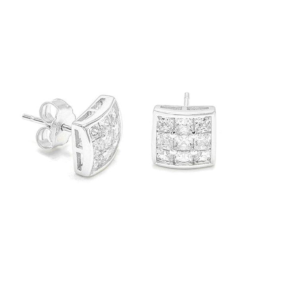 STEM-249, Men Sterling Silver Push Back Stud Earrings- 8MM Square Silver or Silver Gold Color