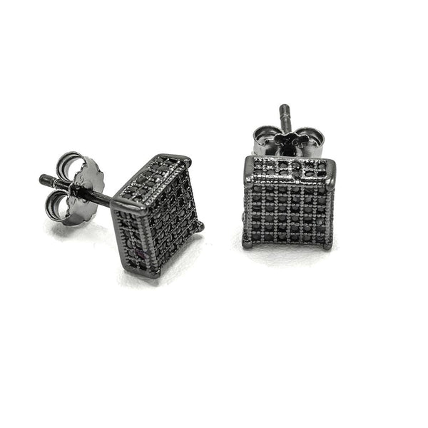 STEM-29, Men 925 Sterling Silver Push Back Stud Earrings- 6MM Square Black Color