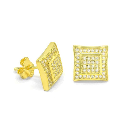 STEM-47, Men 925 Sterling Silver Push Back Stud Earrings-10mm Square gold or Silver color