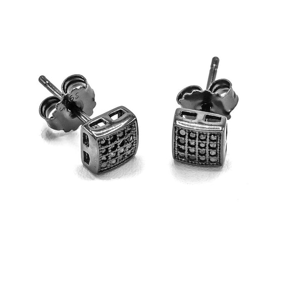 STEM-77, Men 925 Sterling Silver Push Back Stud Earings-6mm Square Gold, Silver or Black color