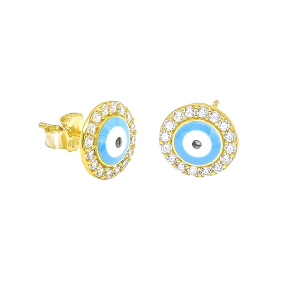 STEW-119,Sterling Silver Evil Eye Stud Earrings Push Back-gold or silver color, 9mm round, 1.5mm thick