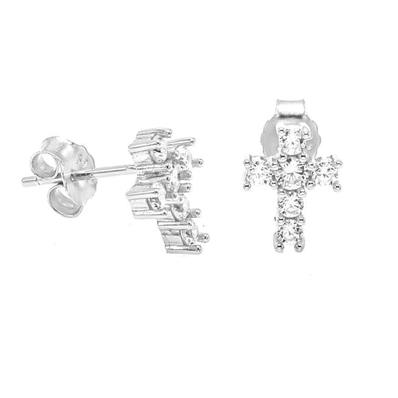 STEW-293, Sterling Silver Cross Stud Earrings Push Back-silver color, 7mm width, 9mm high, 1.5mm thick