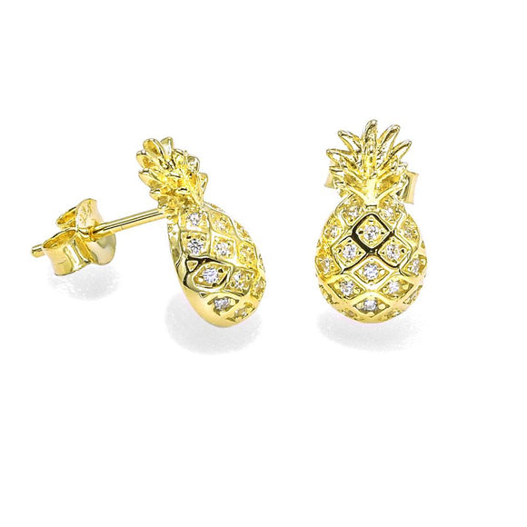 STEW-447, Sterling Silver Pineapple Stud Earrings Push Back-gold or silver color, 7mm width, 12mm high, 3mm thick