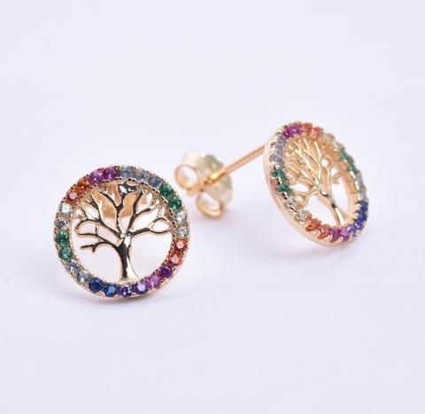 STEW-570, Sterling Silver Rainbow color of Family Tree Stud Earrings Push Back 10mm round