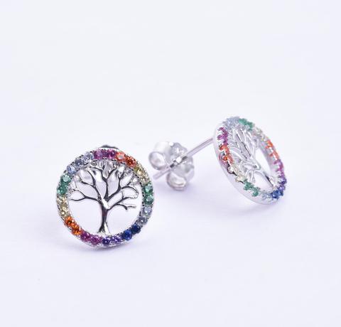 STEW-570, Sterling Silver Rainbow color of Family Tree Stud Earrings Push Back 10mm round