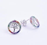 STEW-570, Sterling Silver Rainbow color of Family Tree Stud Earrings Push Back 10mm round