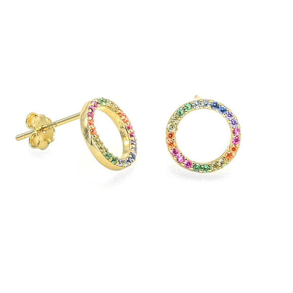 STEW-571, Sterling Silver Ring Shape Stud Earrings Push Back-gold mix or silver mix color, 9mm round, 1mm thick