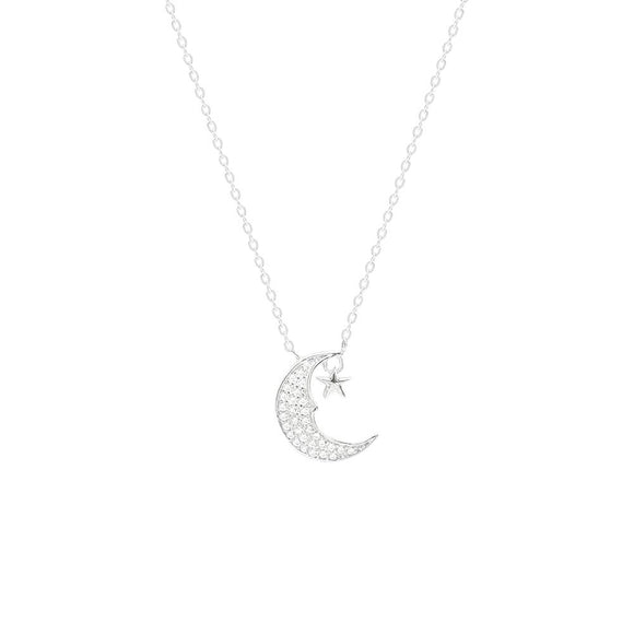 STNW-374, Women 925 Sterling Silver Moon Star Pendant Necklace- silver color