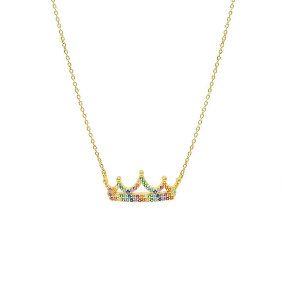 STNW-480, 925 Sterling Silver Crown of Rainbow Color Necklace-gold or silver color