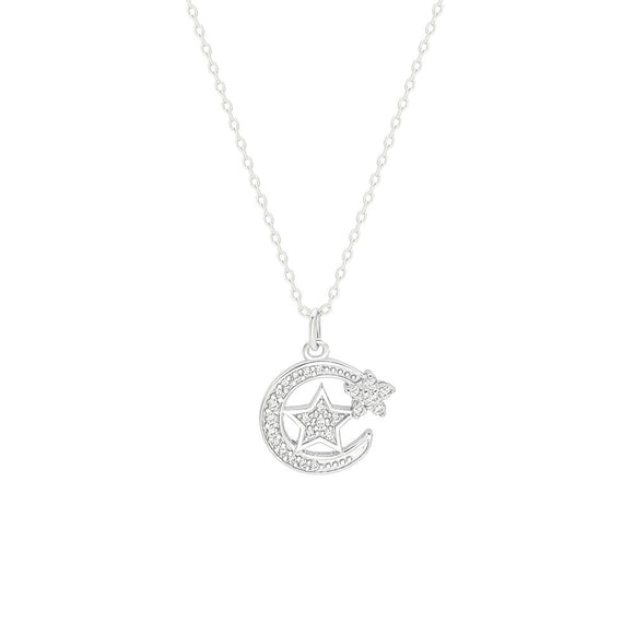 STNW-546, Sterling Silver Moon Star Pendant Necklace-silver color