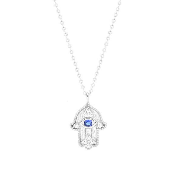 STNW-765, Sterling Silver Hamsa Hand Evil Eye Necklace silver color