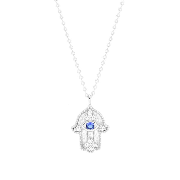 STNW-765, Sterling Silver Hamsa Hand Evil Eye Necklace silver color