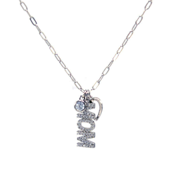 STNW-915, Sterling Silver "Heart, stone and Mom'' Paper Clip Necklace Silver color