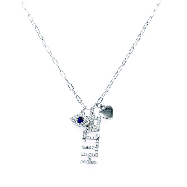 STNW-918, Sterling Silver "Evil Eye, Heart and Faith" Paper Clip Necklace-Gold or Silver Color