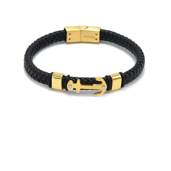 LBM-465,Stainless Steel Anchor Leather Bracelet-gold, silver or gold color, Width-7mm, Length-8''