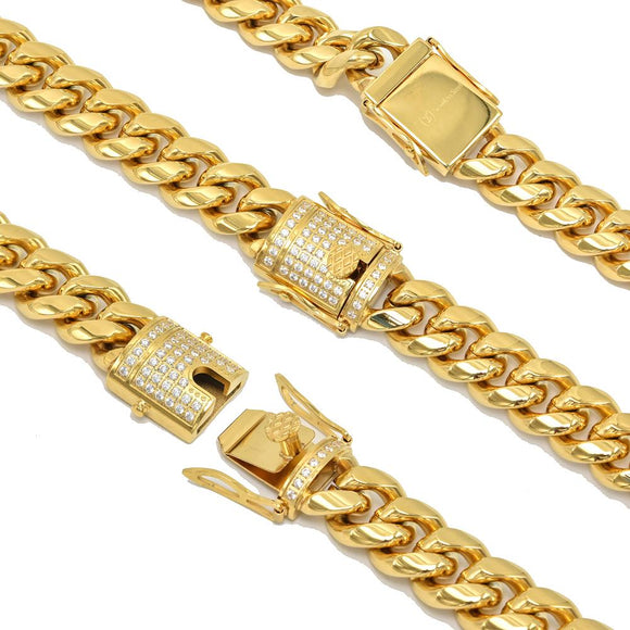 Stainless Steel 12mm Width Miami Cuban Chain Stone Head Double Locked-Gold or Silver Color-SPSMC