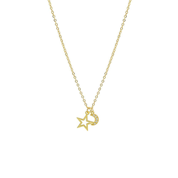 STNW-481, Sterling Silver Star and Heart Pendant Necklace gold color
