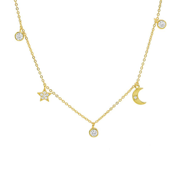 STNW-491, Sterling Silver Moon Star Necklace gold color or silver color