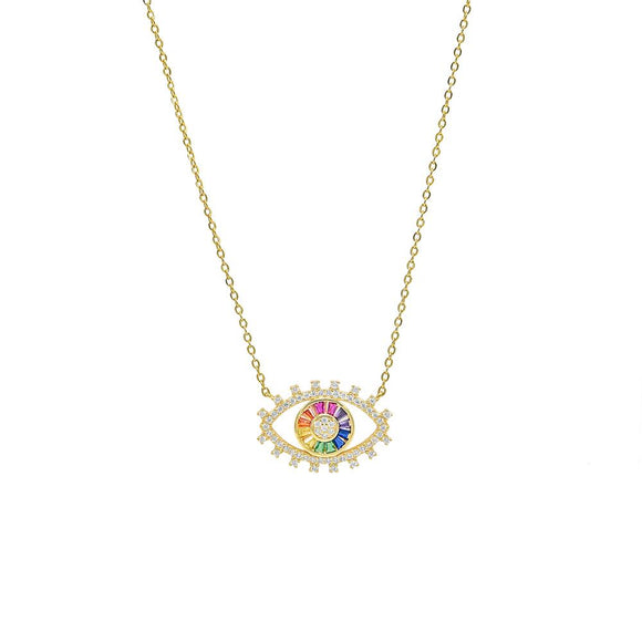 STNW-501, 925 Sterling Silver Evil Eyes Rainbow Color Pendant Necklace- gold or silver color
